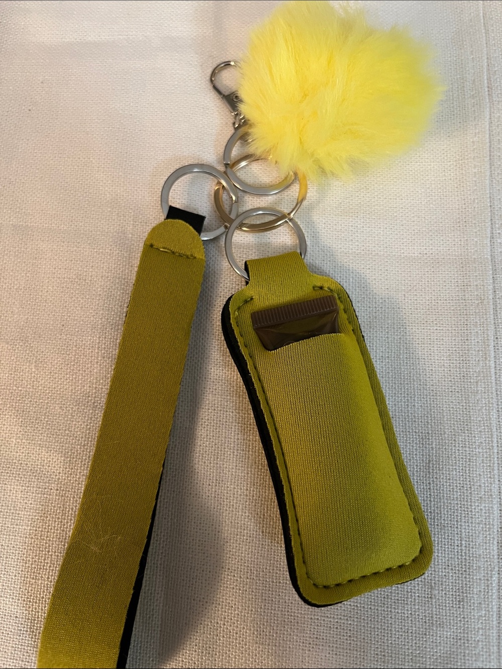 Yellow Pom-Pom Keychain Lanyard with Lip Balm Holder